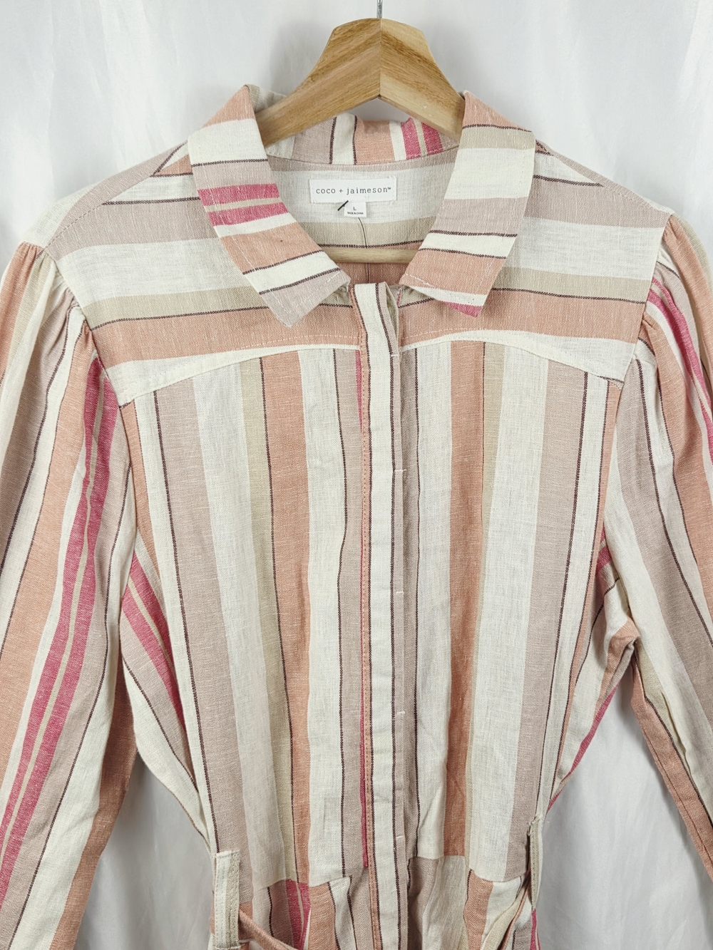 Francesca's Striped Pink & Cream Women's Belted Long Sleeve Romper Size Large